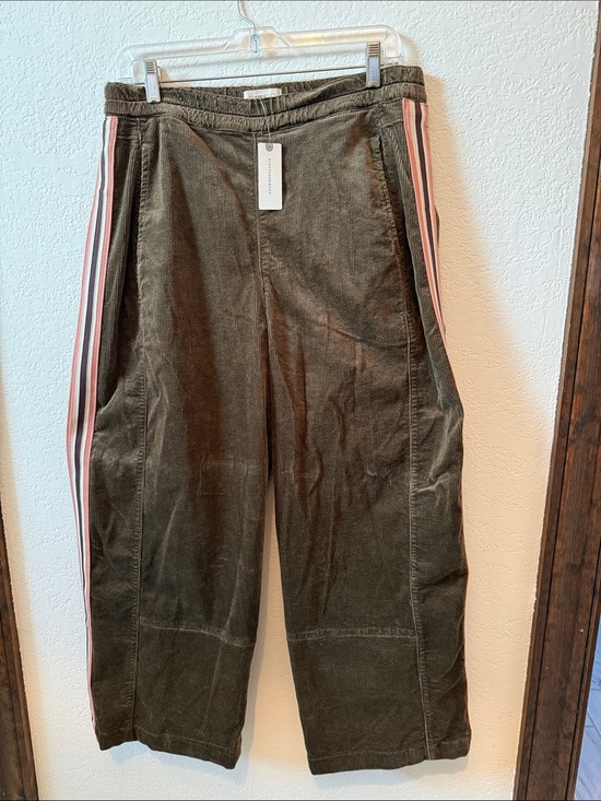 Pilcro Pants - Pilcro Women’s Dark Green Corduroy Barrel Pants with Peach & Burgundy Stripe